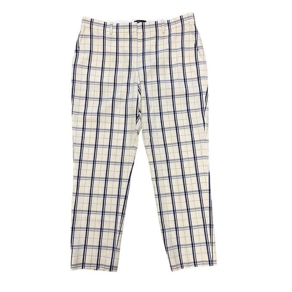 Theory Sz 10 Pants Treeca Plaid Check Blue Cream Crop Wool Trousers Classic - Picture 4 of 10